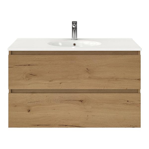 Texel Westkapelle/Ovale badmeubel 100x46 2 softclose laden eiken natuur greeploos keramische wastafel wit met 1 kraangat
