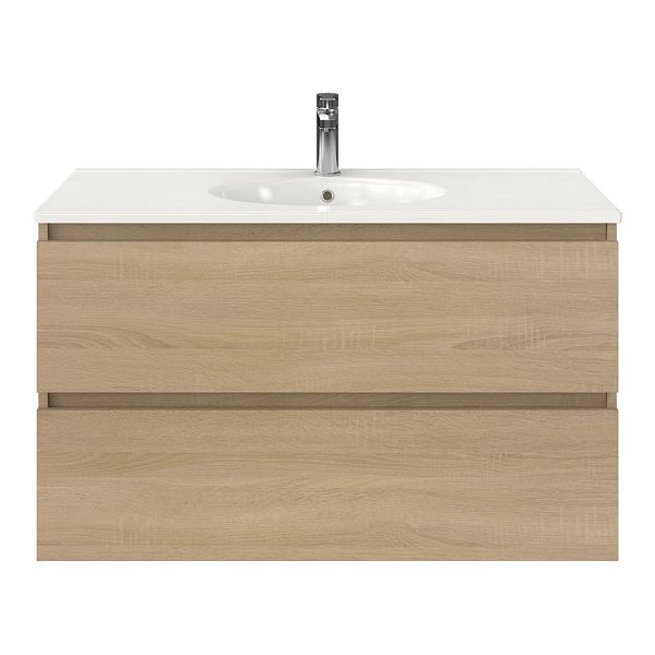 Texel Westkapelle/Ovale badmeubel 100x46 2 softclose laden eiken licht greeploos keramische wastafel wit met 1 kraangat
