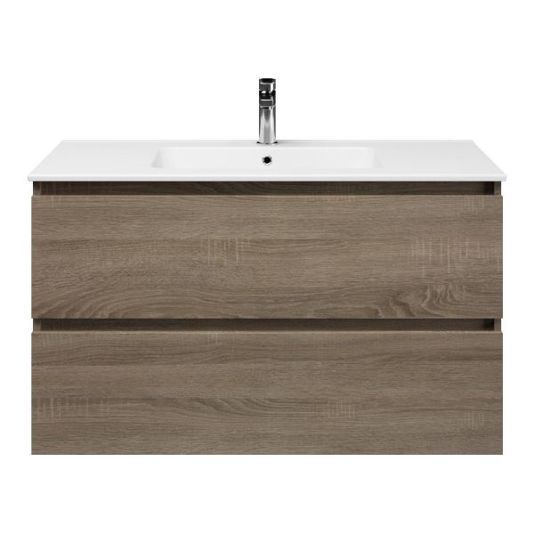 Texel Westkapelle/Quadra badmeubel 100x46 2 softclose laden eiken donker greeploos keramische wastafel wit met 1 kraangat