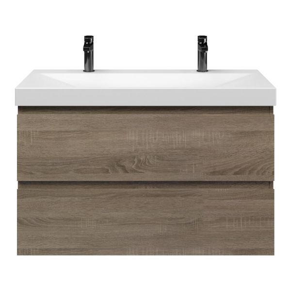 Texel Westkapelle/Rockanje badmeubel 100x46 2 softclose laden eiken donker greeploos keramische wastafel wit mat met 2 kraangaten