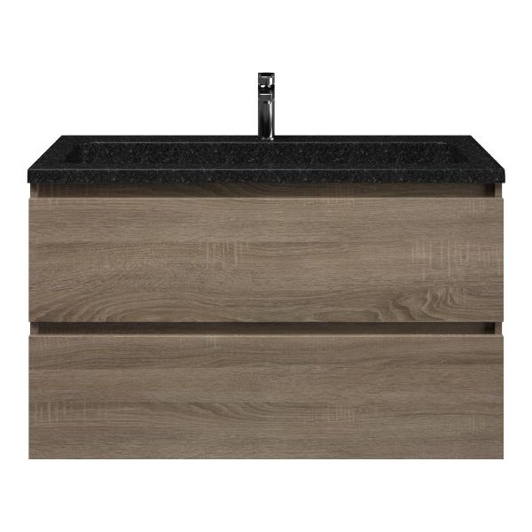 Texel Westkapelle/Square badmeubel 100x46 2 softclose laden eiken donker greeploos natuursteen wastafel shanxi black met 1 kraangat