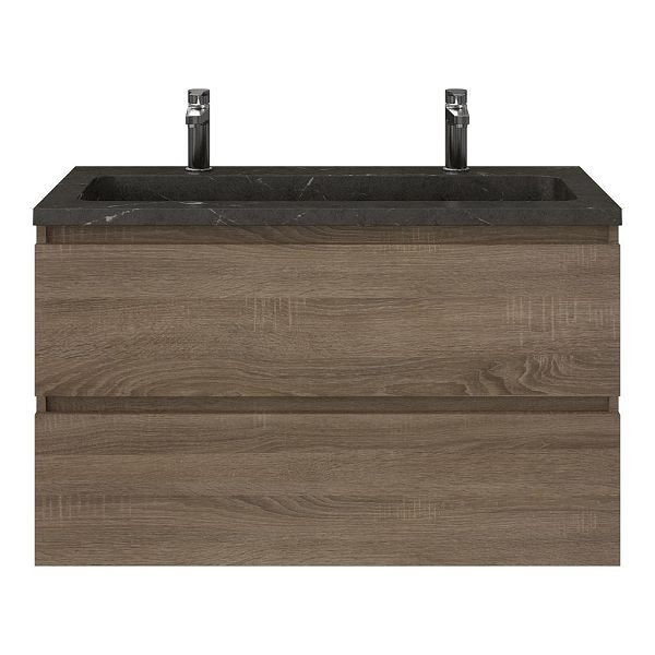 Texel Westkapelle/Square badmeubel 100x46 2 softclose laden eiken donker greeploos natuursteen wastafel blue stone met 2 kraangaten