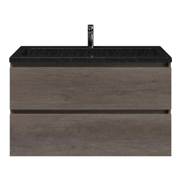 Texel Westkapelle/Square badmeubel 100x46 2 softclose laden olm donker grijs greeploos natuursteen wastafel shanxi black met 1 kraangat