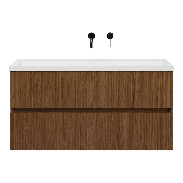 Texel Zierikzee/Cadzand ondiep badmeubel 120x36 2 softclose laden met ribbel - latjes structuur warm noten greeploos polystone wastafel wit zonder kraangaten