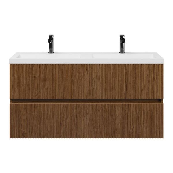 Texel Zierikzee/Cadzand ondiep badmeubel 120x36 2 softclose laden met ribbel - latjes structuur warm noten greeploos polystone wastafel dubbel wit met 2 kraangaten