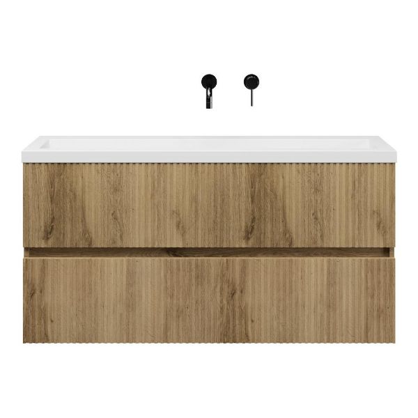 Texel Zierikzee/Cadzand ondiep badmeubel 120x36 2 softclose laden met ribbel - latjes structuur warm eiken greeploos polystone wastafel wit zonder kraangaten