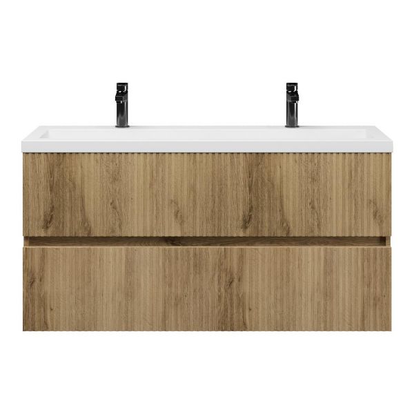 Texel Zierikzee/Cadzand ondiep badmeubel 120x36 2 softclose laden met ribbel - latjes structuur warm eiken greeploos polystone wastafel wit met 2 kraangaten