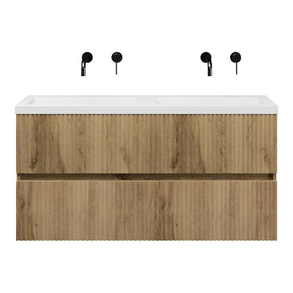 Texel Zierikzee/Cadzand ondiep badmeubel 120x36 2 softclose laden met ribbel - latjes structuur warm eiken greeploos polystone wastafel dubbel wit zonder kraangaten