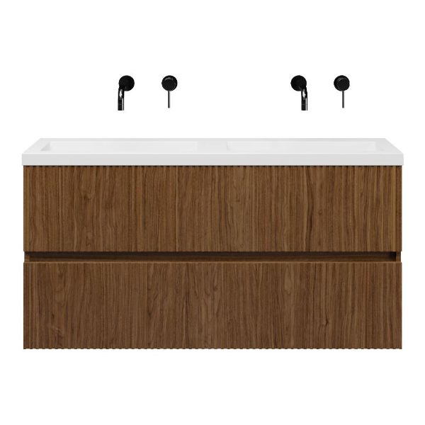 Texel Zierikzee/Cadzand ondiep badmeubel 120x36 2 softclose laden met ribbel - latjes structuur warm noten greeploos polystone wastafel dubbel wit zonder kraangaten