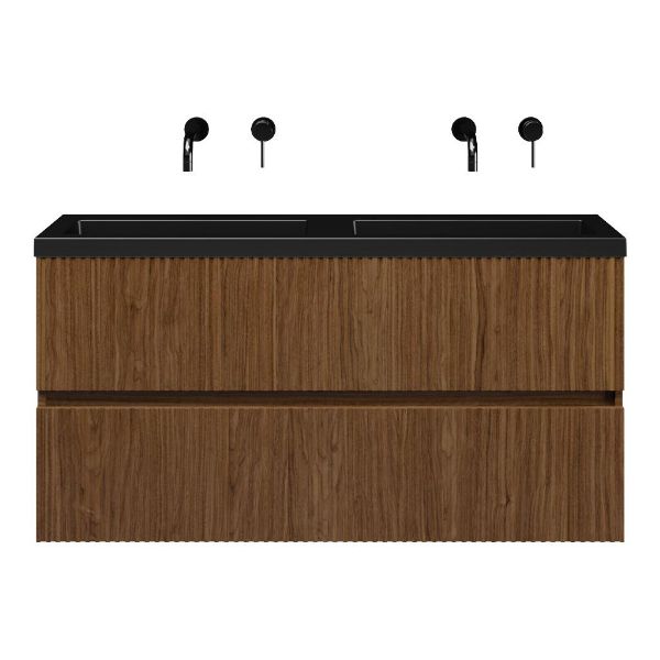 Texel Zierikzee/Cadzand ondiep badmeubel 120x36 2 softclose laden met ribbel - latjes structuur warm noten greeploos polystone wastafel dubbel mat zwart zonder kraangaten