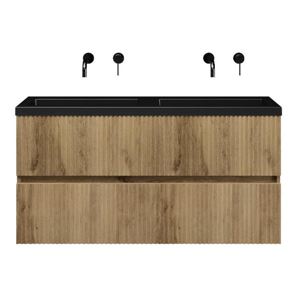 Texel Zierikzee/Cadzand ondiep badmeubel 120x36 2 softclose laden met ribbel - latjes structuur warm eiken greeploos polystone wastafel dubbel mat zwart zonder kraangaten