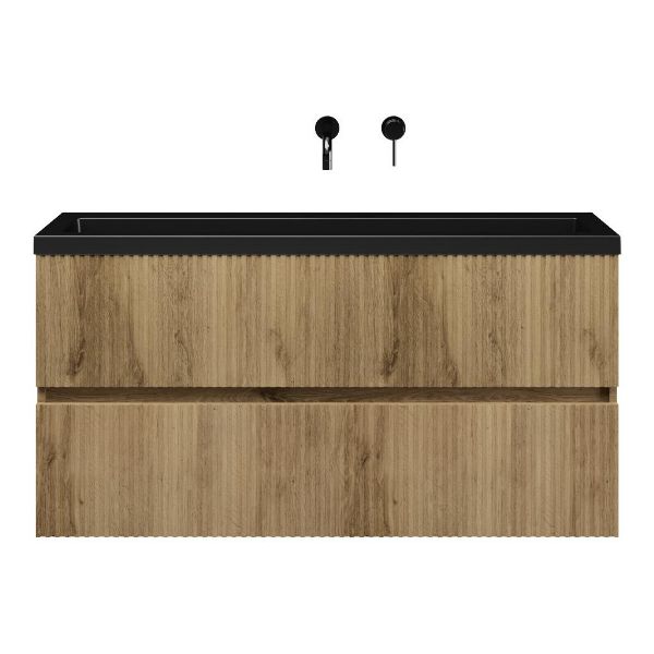 Texel Zierikzee/Cadzand ondiep badmeubel 120x36 2 softclose laden met ribbel - latjes structuur warm eiken greeploos polystone wastafel mat zwart zonder kraangaten