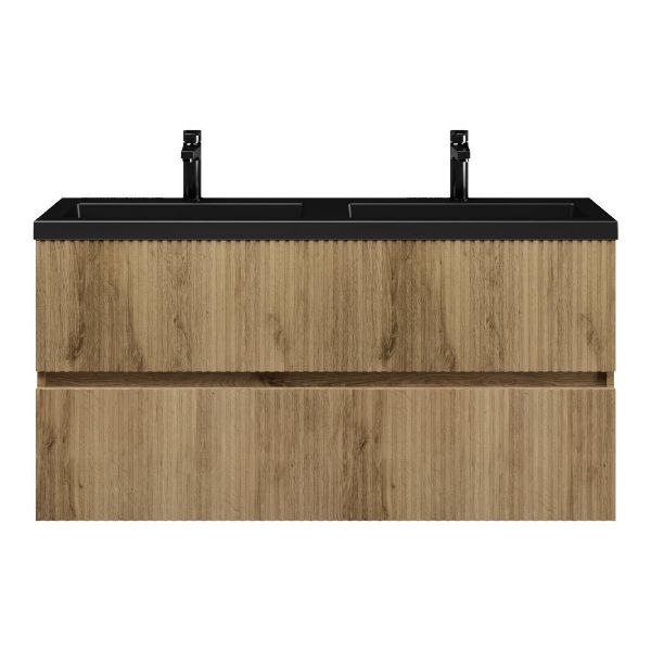 Texel Zierikzee/Cadzand ondiep badmeubel 120x36 2 softclose laden met ribbel - latjes structuur warm eiken greeploos polystone wastafel dubbel mat zwart met 2 kraangaten