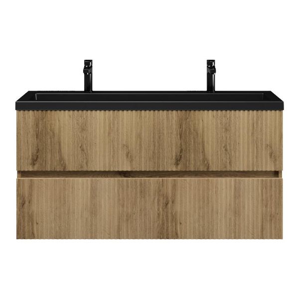 Texel Zierikzee/Cadzand ondiep badmeubel 120x36 2 softclose laden met ribbel - latjes structuur warm eiken greeploos polystone wastafel mat zwart met 2 kraangaten