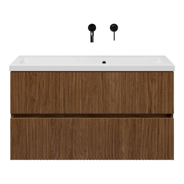 Texel Zierikzee/Dishoek ondiep badmeubel 100x36 2 softclose laden met ribbel - latjes structuur warm noten greeploos keramische wastafel mat wit zonder kraangaten