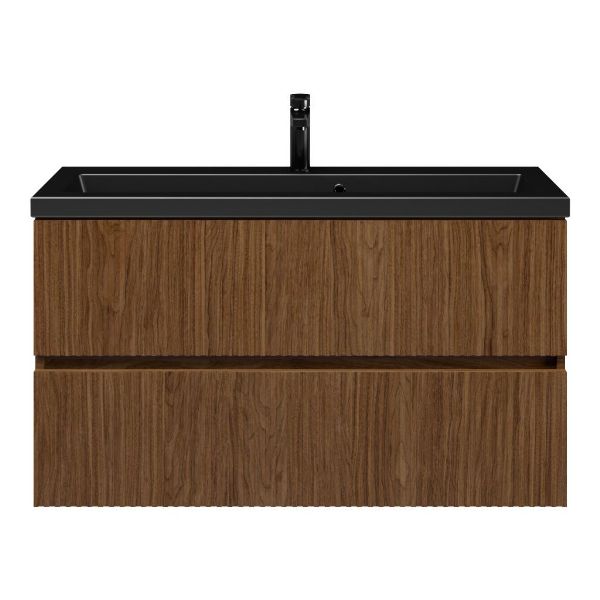 Texel Zierikzee/Dishoek ondiep badmeubel 100x36 2 softclose laden met ribbel - latjes structuur warm noten greeploos keramische wastafel mat zwart met 1 kraangaten