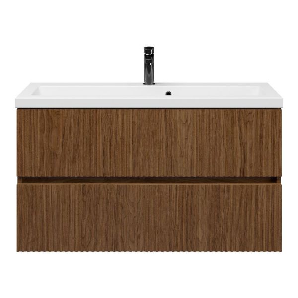 Texel Zierikzee/Dishoek ondiep badmeubel 100x36 2 softclose laden met ribbel - latjes structuur warm noten greeploos keramische wastafel wit met 1 kraangat