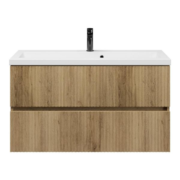 Texel Zierikzee/Dishoek ondiep badmeubel 100x36 2 softclose laden met ribbel - latjes structuur warm eiken greeploos keramische wastafel wit met 1 kraangat