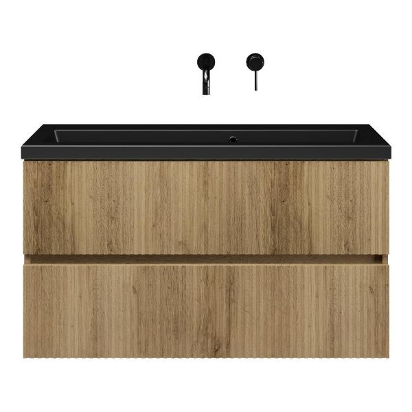 Texel Zierikzee/Dishoek ondiep badmeubel 100x36 2 softclose laden met ribbel - latjes structuur warm eiken greeploos keramische wastafel mat zwart zonder kraangaten