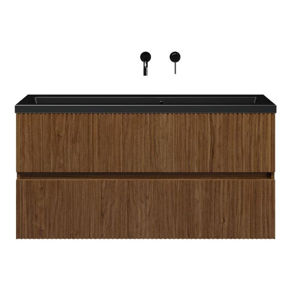 Texel Zierikzee/Dishoek ondiep badmeubel 120x36 2 softclose laden met ribbel - latjes structuur warm noten greeploos keramische wastafel mat zwart zonder kraangaten