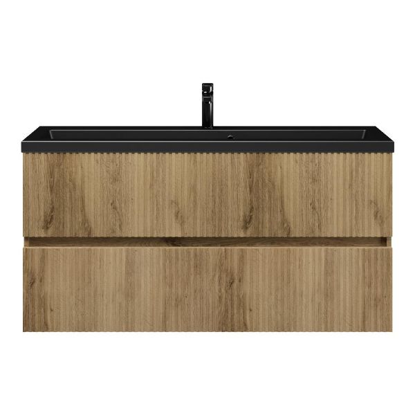 Texel Zierikzee/Dishoek ondiep badmeubel 120x36 2 softclose laden met ribbel - latjes structuur warm eiken greeploos keramische wastafel mat zwart met 1 kraangat