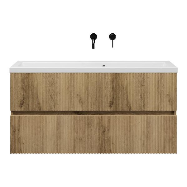 Texel Zierikzee/Dishoek ondiep badmeubel 120x36 2 softclose laden met ribbel - latjes structuur warm eiken greeploos keramische wastafel mat wit zonder kraangaten