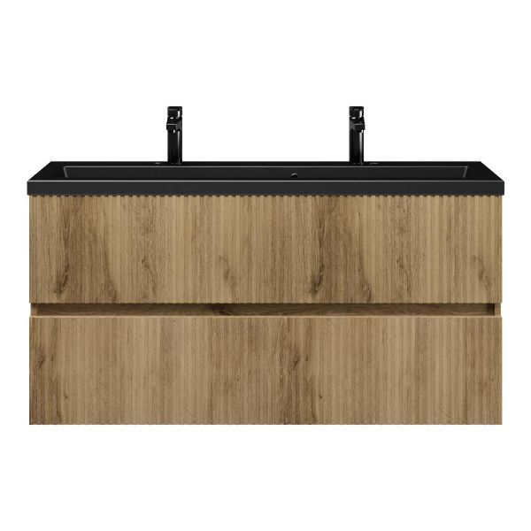 Texel Zierikzee/Dishoek ondiep badmeubel 120x36 2 softclose laden met ribbel - latjes structuur warm eiken greeploos keramische wastafel mat zwart met 2 kraangaten