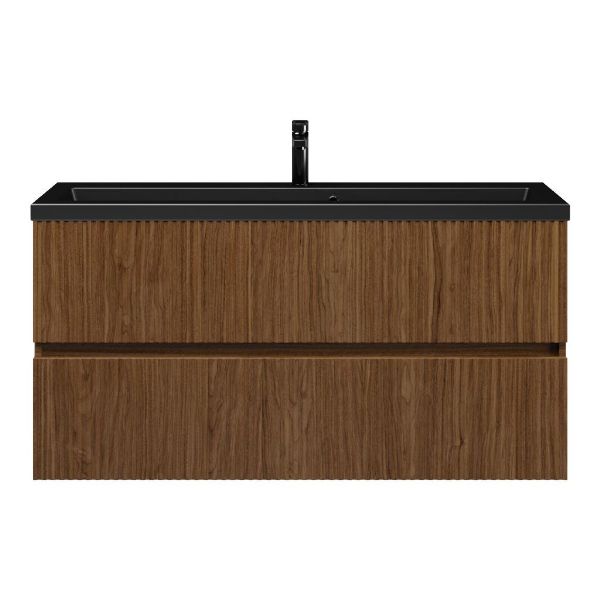 Texel Zierikzee/Dishoek ondiep badmeubel 120x36 2 softclose laden met ribbel - latjes structuur warm noten greeploos keramische wastafel mat zwart met 1 kraangat