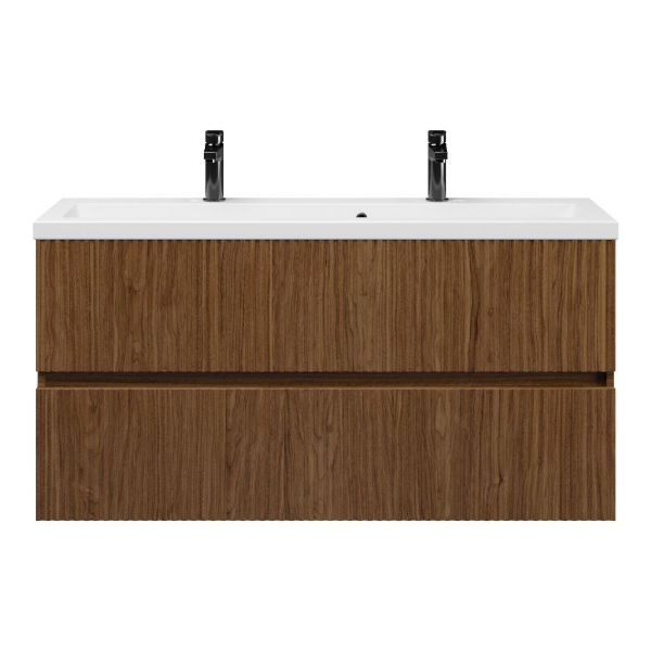 Texel Zierikzee/Dishoek ondiep badmeubel 120x36 2 softclose laden met ribbel - latjes structuur warm noten greeploos keramische wastafel wit met 2 kraangaten