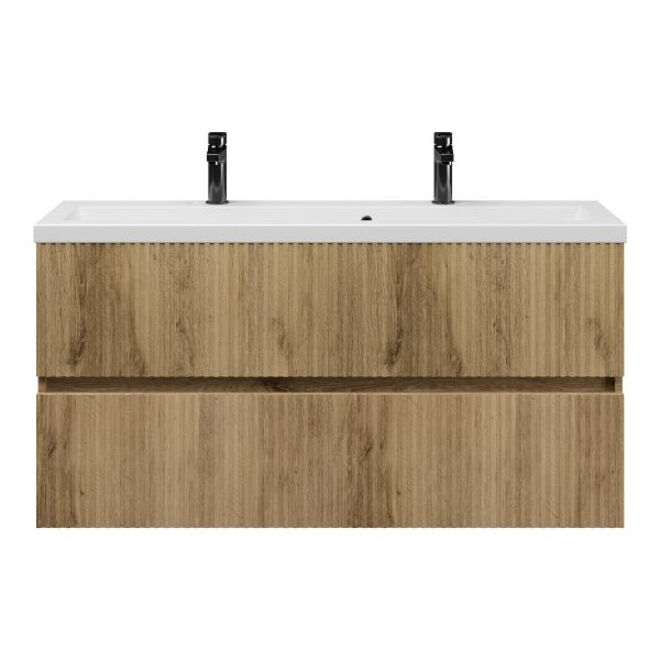 Texel Zierikzee/Dishoek ondiep badmeubel 120x36 2 softclose laden met ribbel - latjes structuur warm eiken greeploos keramische wastafel mat wit met 2 kraangaten