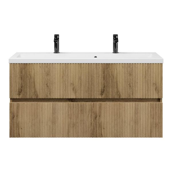 Texel Zierikzee/Dishoek ondiep badmeubel 120x36 2 softclose laden met ribbel - latjes structuur warm eiken greeploos keramische wastafel wit met 2 kraangaten