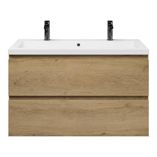 Texel Zoutelande/Cadzand badmeubel 100x46 2 softclose laden warm eiken greeploos polystone wastafel wit met 2 kraangaten