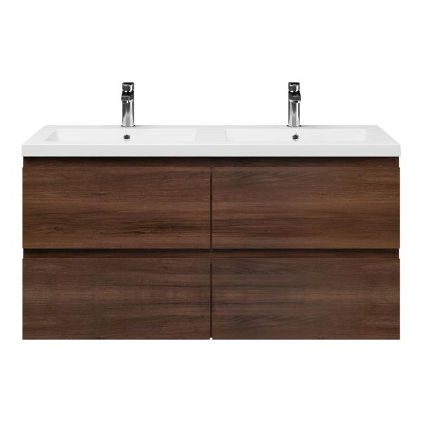 Texel Zoutelande/Cadzand badmeubel 120x46 4 softclose laden walnoot greeploos polystone wastafel dubbel wit met 2 kraangaten