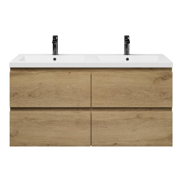 Texel Zoutelande/Cadzand badmeubel 120x46 4 softclose laden warm eiken greeploos polystone wastafel dubbel wit met 2 kraangaten