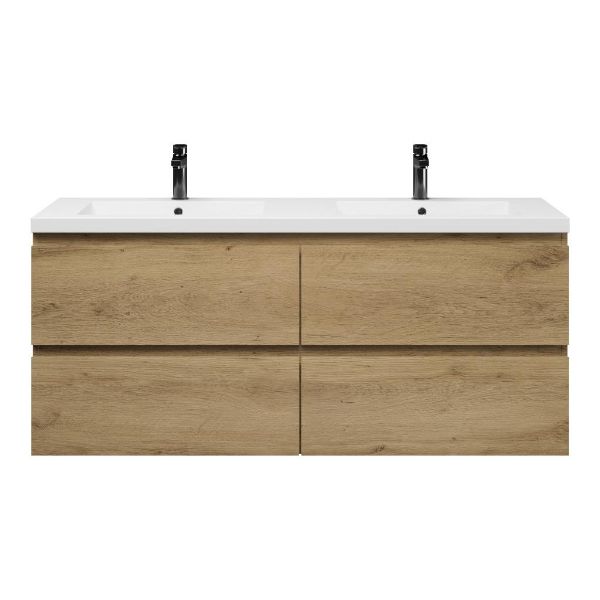 Texel Zoutelande/Cadzand badmeubel 140x46 4 softclose laden warm eiken greeploos polystone wastafel dubbel wit met 2 kraangaten