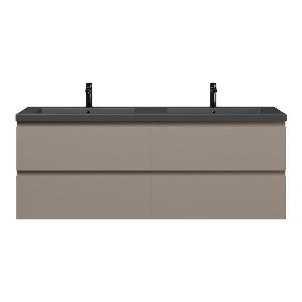 Texel Zoutelande/Cadzand badmeubel 160x46 4 softclose laden taupe greeploos polystone dubbele wastafel mat grijs met 2 kraangaten