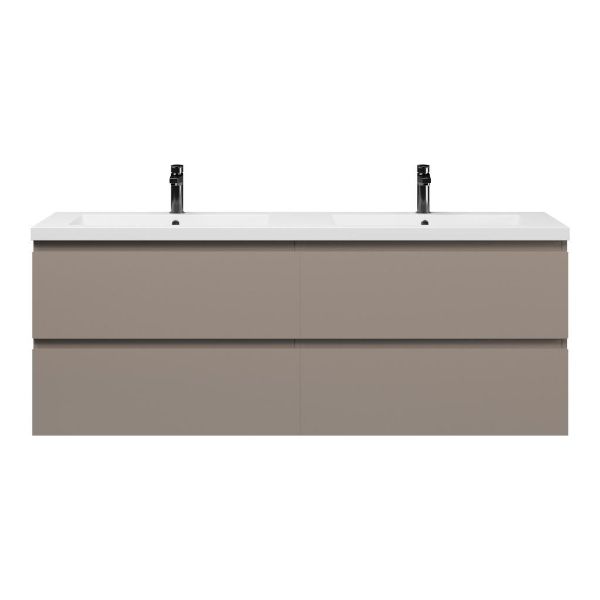 Texel Zoutelande/Cadzand badmeubel 160x46 4 softclose laden taupe greeploos polystone dubbele wastafel wit met 2 kraangaten