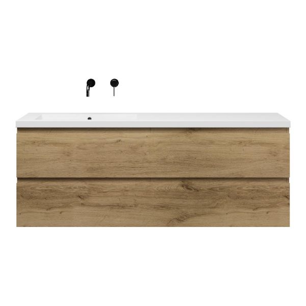 Texel Zoutelande/Cadzand badmeubel 160x46 4 softclose laden warm eiken greeploos polystone enkele wastafel links zonder kraangat