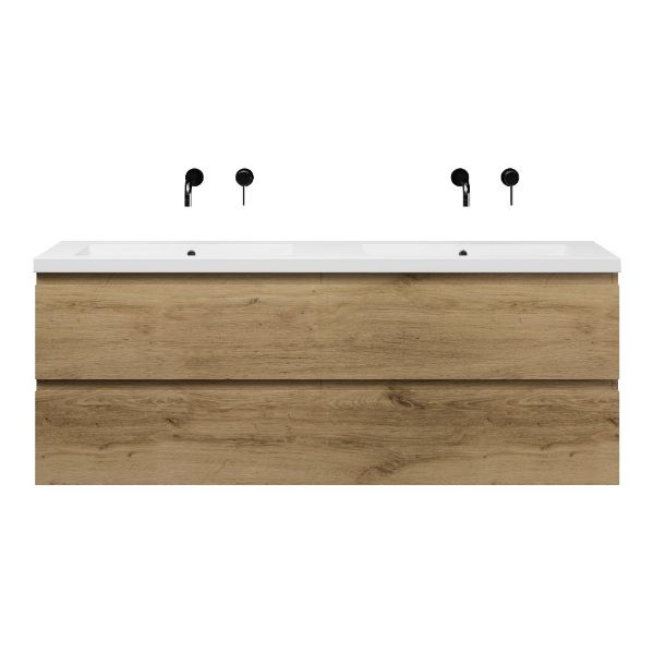 Texel Zoutelande/Cadzand badmeubel 160x46 4 softclose laden warm eiken greeploos polystone dubbele wastafel wit zonder kraangaten