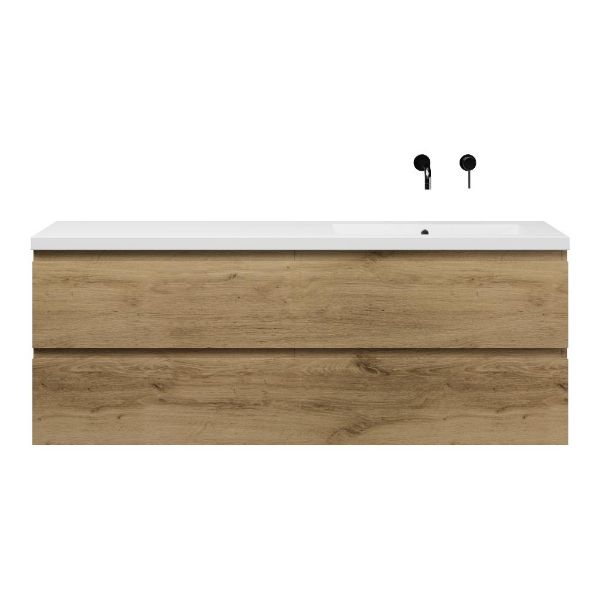 Texel Zoutelande/Cadzand badmeubel 160x46 4 softclose laden warm eiken greeploos polystone enkele wastafel rechts zonder kraangat