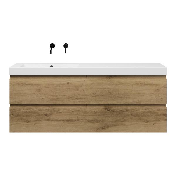 Texel Zoutelande/Cadzand badmeubel 160x46 4 softclose laden warm eiken greeploos polystone enkele wastafel links zonder kraangat