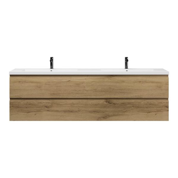 Texel Zoutelande/Cadzand badmeubel 200x46 4 softclose laden warm eiken greeploos polystone dubbele wastafel wit met 2 kraangaten