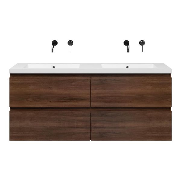 Texel Zoutelande/Cadzand-Q badmeubel 140x46 4 softclose laden walnoot greeploos quartz wastafel dubbel mat wit zonder kraangaten
