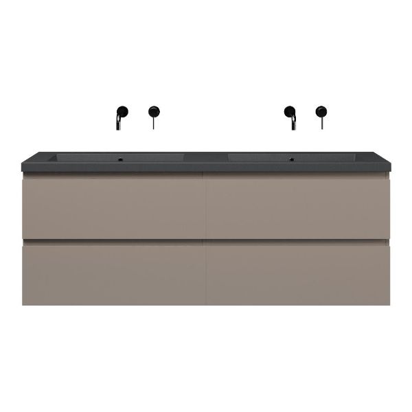 Texel Zoutelande/Cadzand-Q badmeubel 160x46 4 softclose laden taupe greeploos quartz dubbele wastafel mat grijs zonder kraangaten