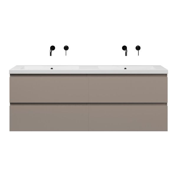 Texel Zoutelande/Cadzand-Q badmeubel 160x46 4 softclose laden taupe greeploos quartz dubbele wastafel mat wit zonder kraangaten