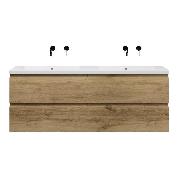 Texel Zoutelande/Cadzand-Q badmeubel 160x46 4 softclose laden warm eiken greeploos quartz dubbele wastafel mat wit zonder kraangaten