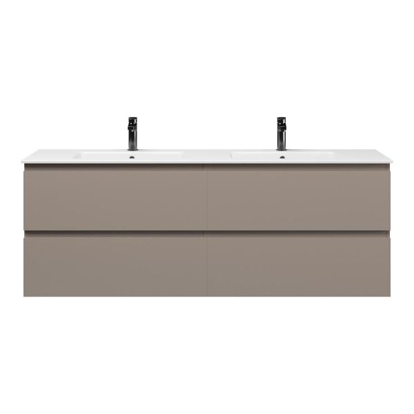 Texel Zoutelande/Callantsoog badmeubel 160x46 4 softclose laden taupe greeploos keramiek dubbele wastafel wit met 2 kraangaten