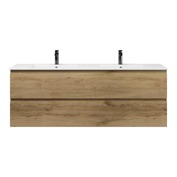 Texel Zoutelande/Callantsoog badmeubel 160x46 4 softclose laden warm eiken greeploos keramiek dubbele wastafel wit met 2 kraangaten