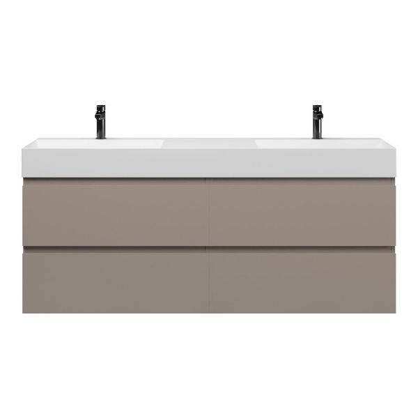Texel Zoutelande/Marken badmeubel 160x46 4 softclose laden taupe greeploos keramiek dubbele wastafel mat wit met 2 kraangaten