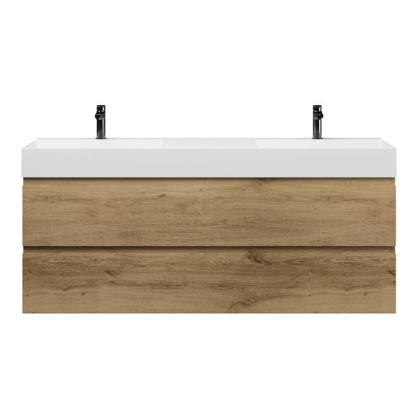 Texel Zoutelande/Marken badmeubel 160x46 4 softclose laden warm eiken greeploos keramiek dubbele wastafel wit met 2 kraangaten